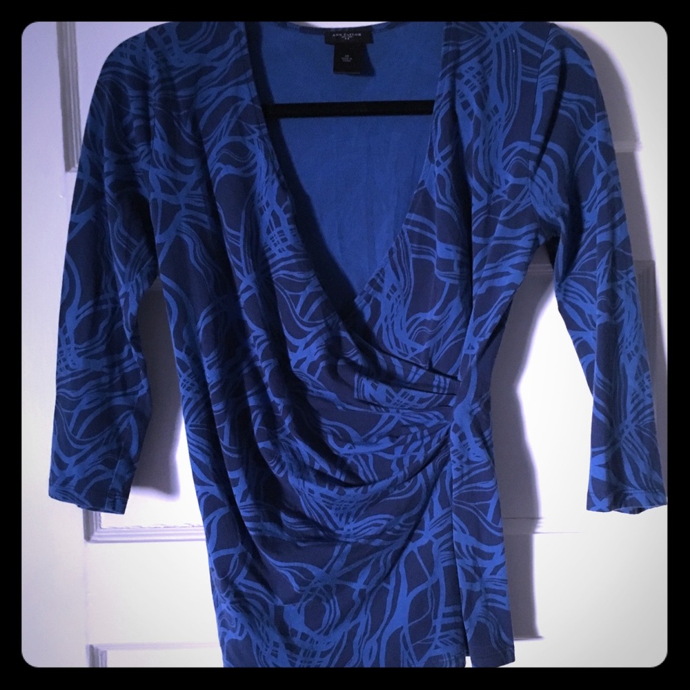 Ann Taylor Blue patterned faux wrap shirt, XS